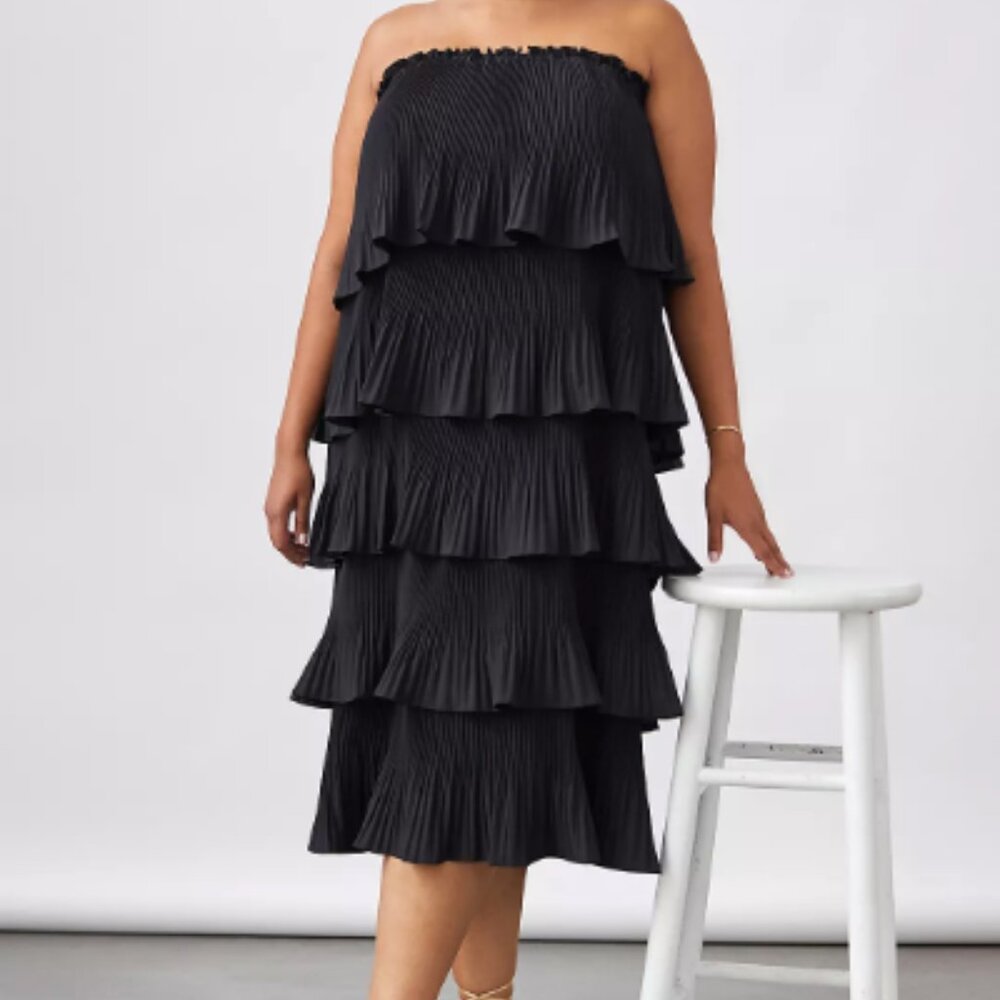Anthropologie Black Strapless Tiered Pleated Ruffle Dress